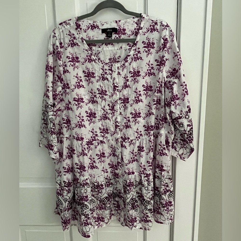 Ellis 100% Cotton White Purple Boho Button Up Blouse size 18/20